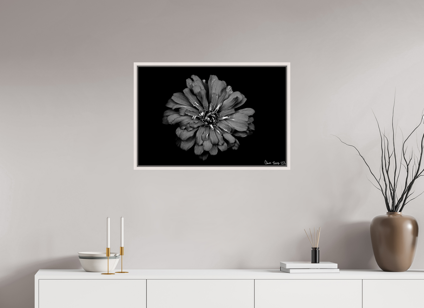 30 x 20″, Floater Frame Maple White Carbon Zinnia