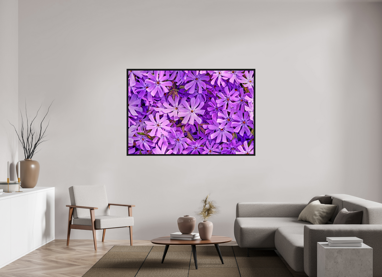 66 x 44″, Floater Frame Black Oak Lavender Moss Phlox
