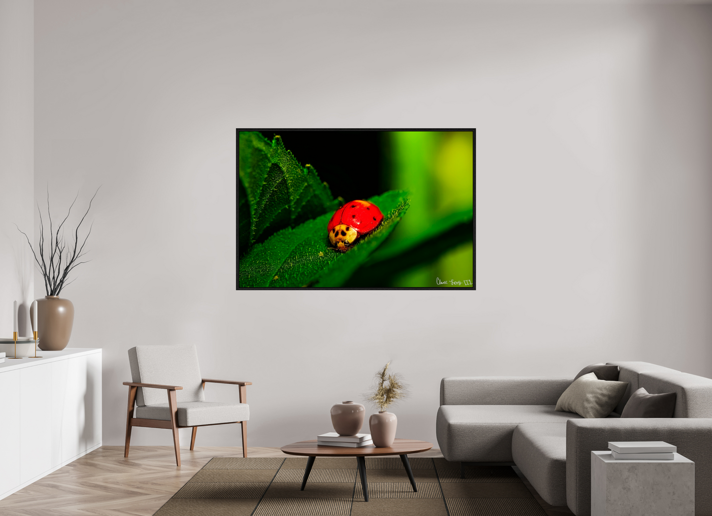 66 x 44″, Floater Frame Black Oak Our Lady Bird