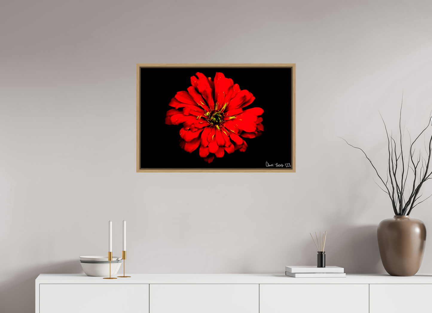 30 x 20″, Floater Frame Natural Oak Zinnia of Fire