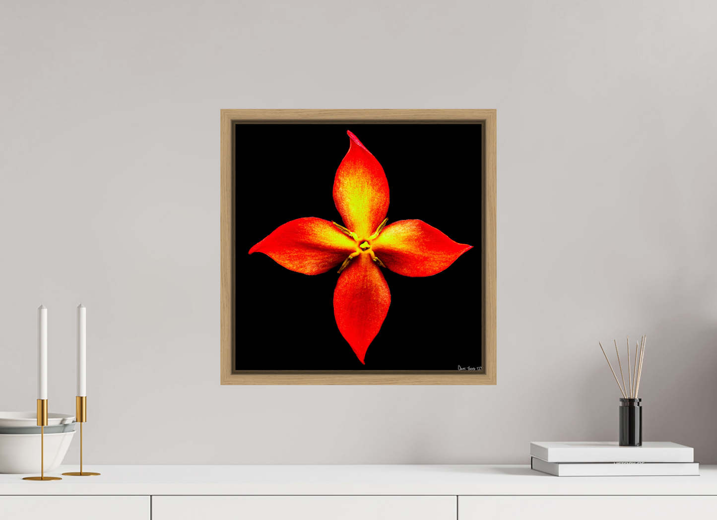 15 x 15″, Floater Frame Natural Oak Blazing Compass