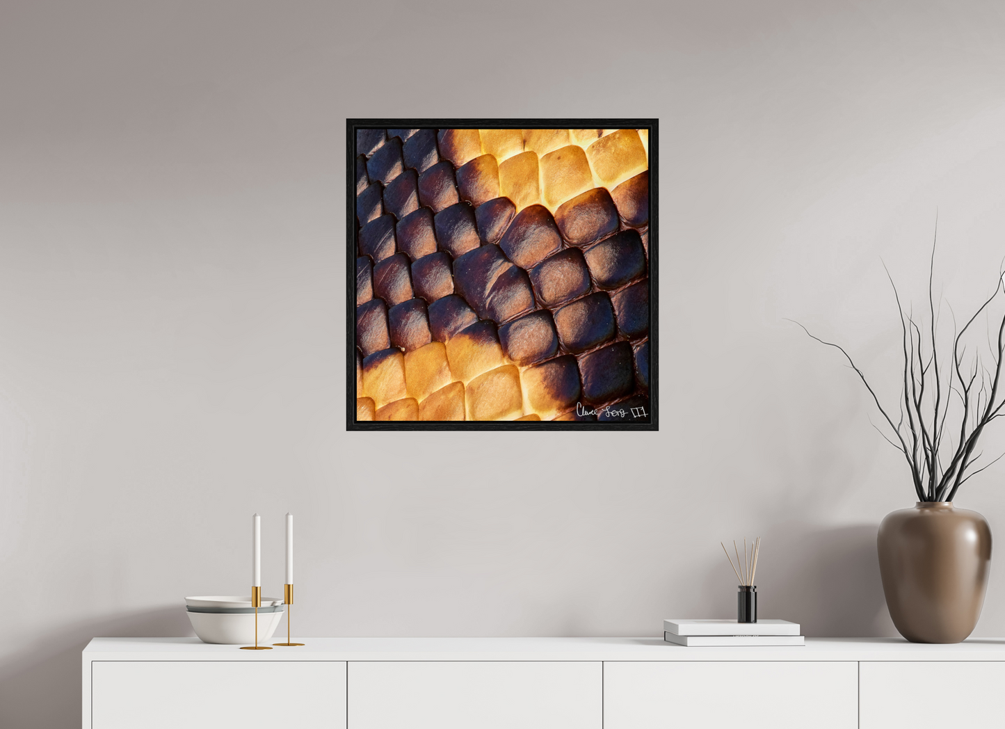 25 x 25″, Floater Frame Black Oak Python’s Glow