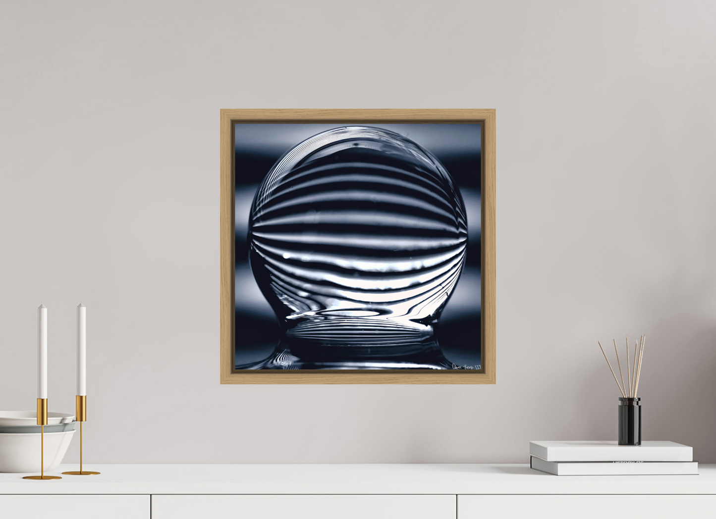 15 x 15″, Floater Frame Natural Oak Orb of Light