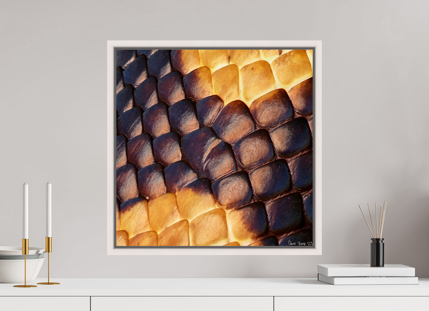 20 x 20″, Floater Frame Maple White Python’s Glow