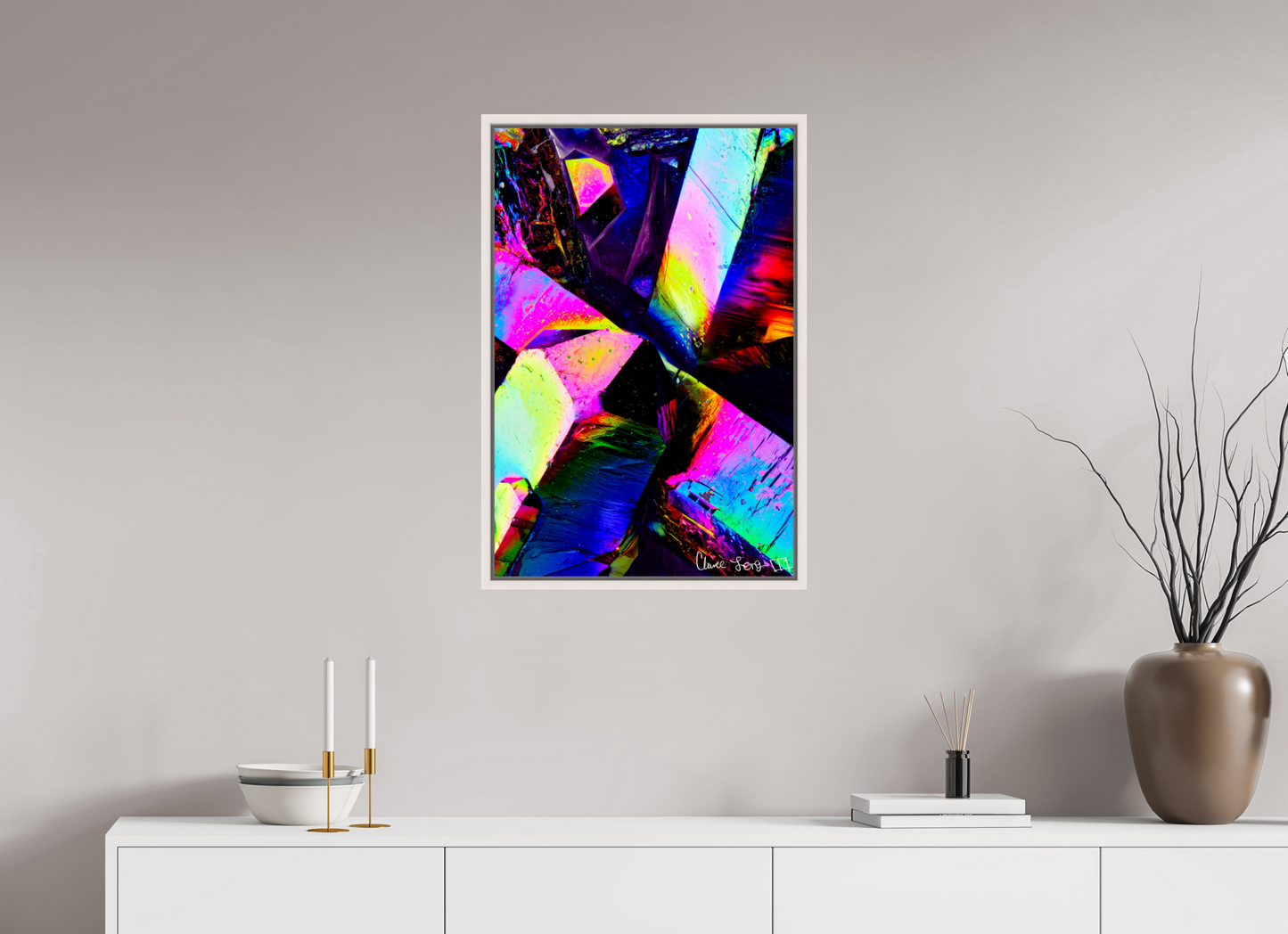 20 x 30″, Floater Frame Maple White Prismatic Shards