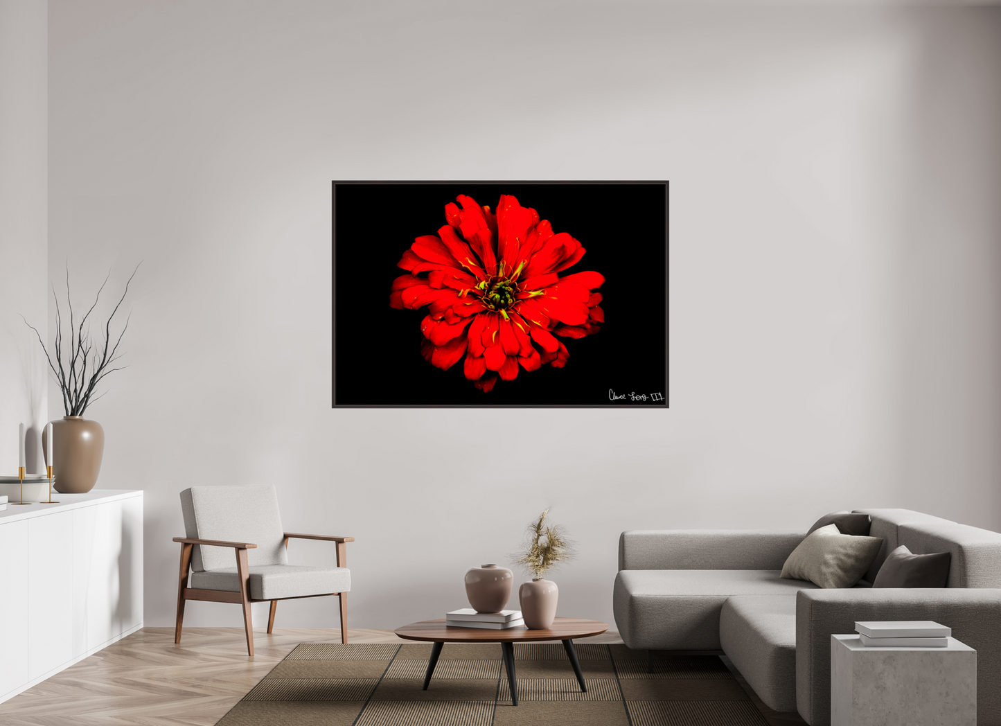 66 x 44″, Floater Frame Alder Brown Zinnia of Fire