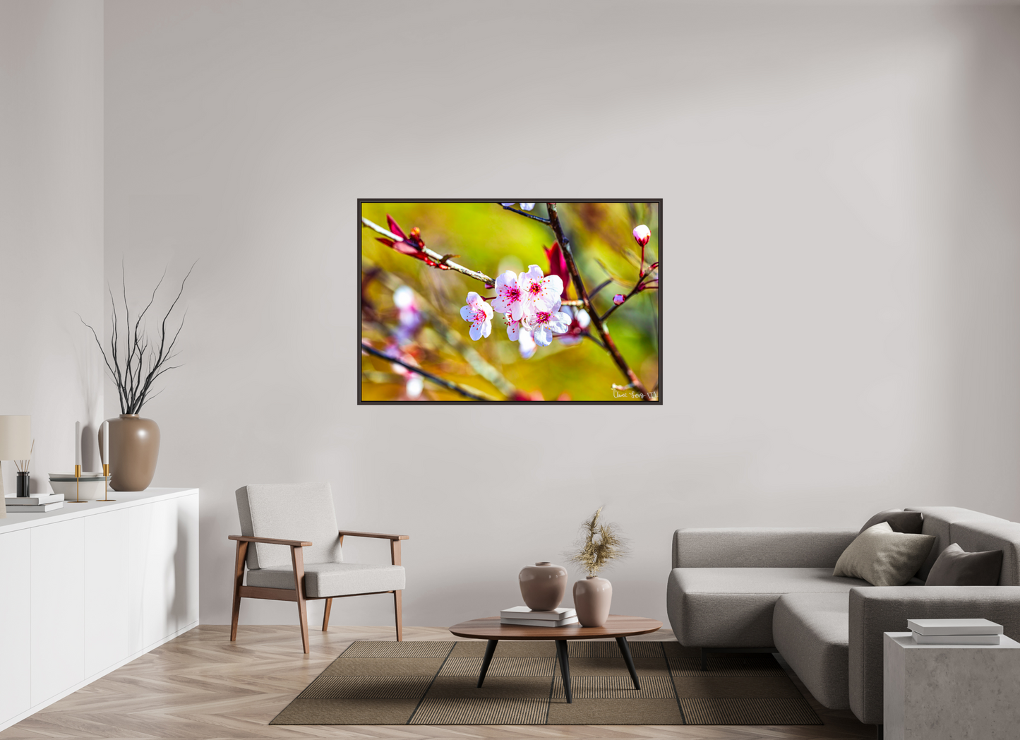 60 x 40″, Floater Frame Alder Brown Cherry Blossom