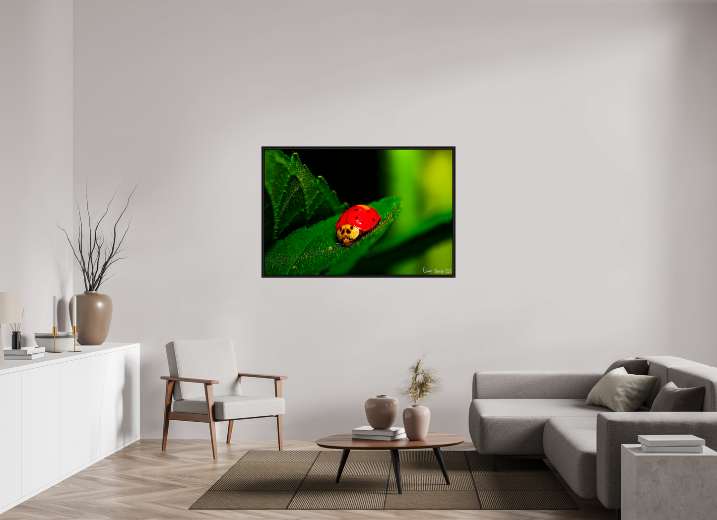 54 x 36″, Floater Frame Black Oak Our Lady Bird