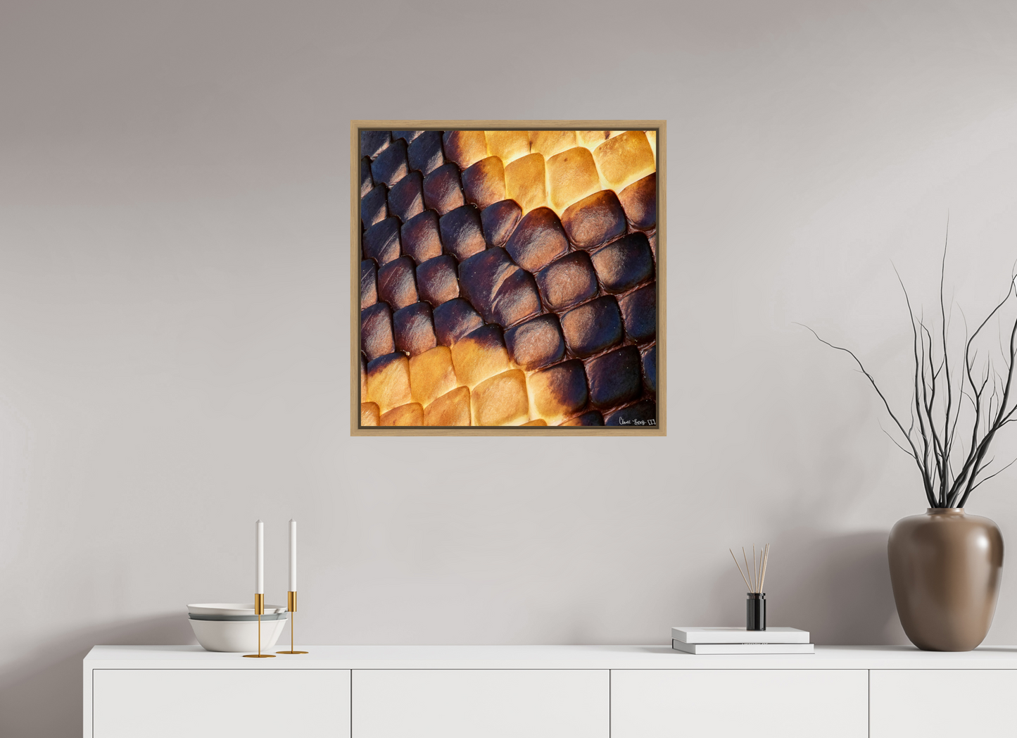 25 x 25″, Floater Frame Natural Oak Python’s Glow