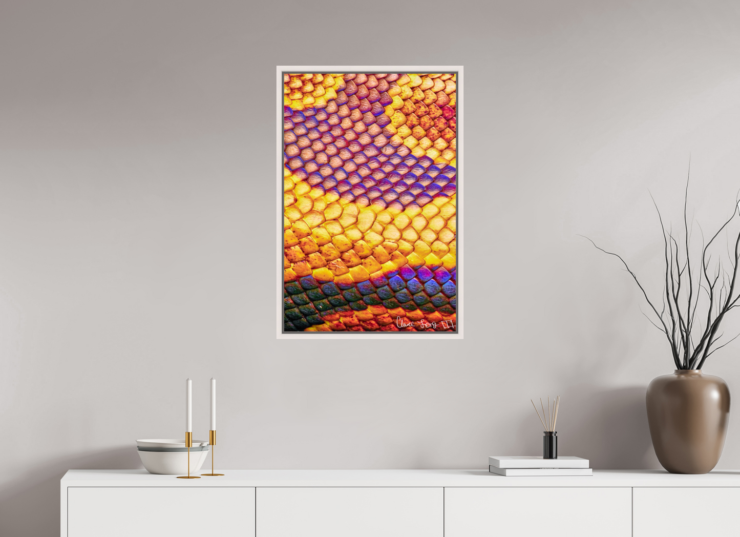20 x 30″, Floater Frame Maple White Python’s Iridescence