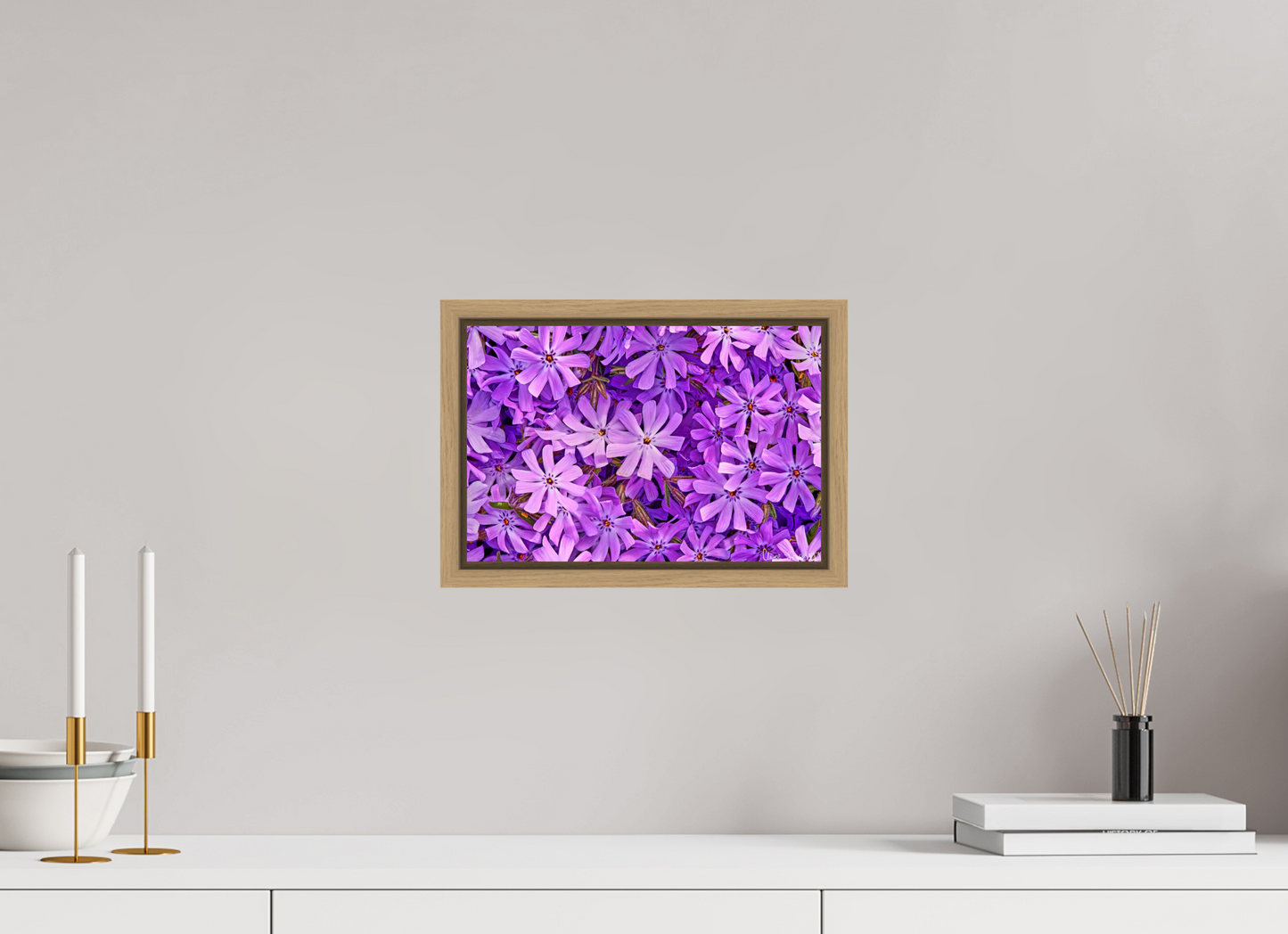 12 x 8″, Floater Frame Natural Oak Lavender Moss Phlox