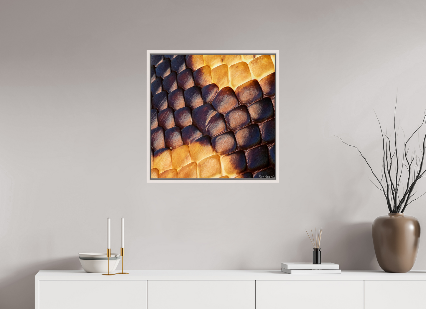 25 x 25″, Floater Frame Maple White Python’s Glow