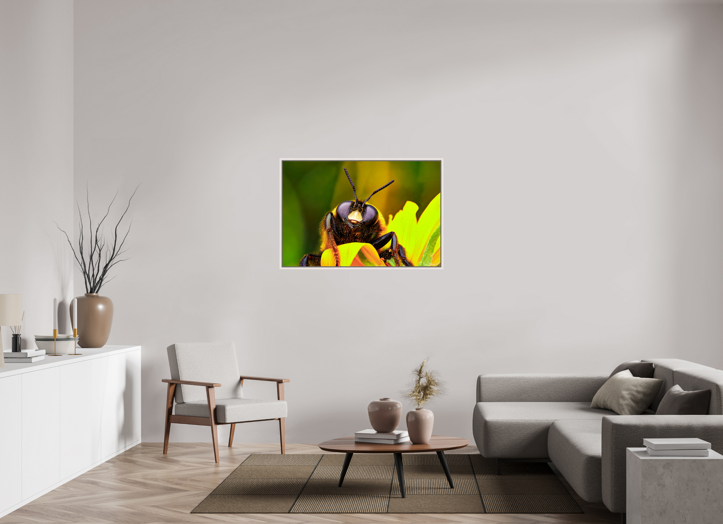 45 x 30″, Floater Frame Maple White The Curious Bumblebee