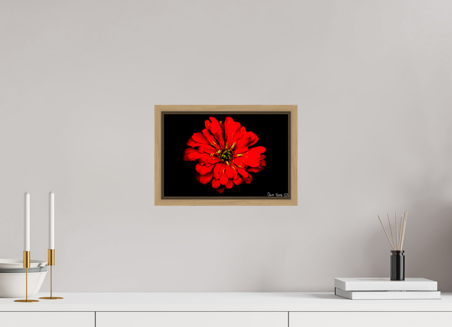 12 x 8″, Floater Frame Natural Oak Zinnia of Fire