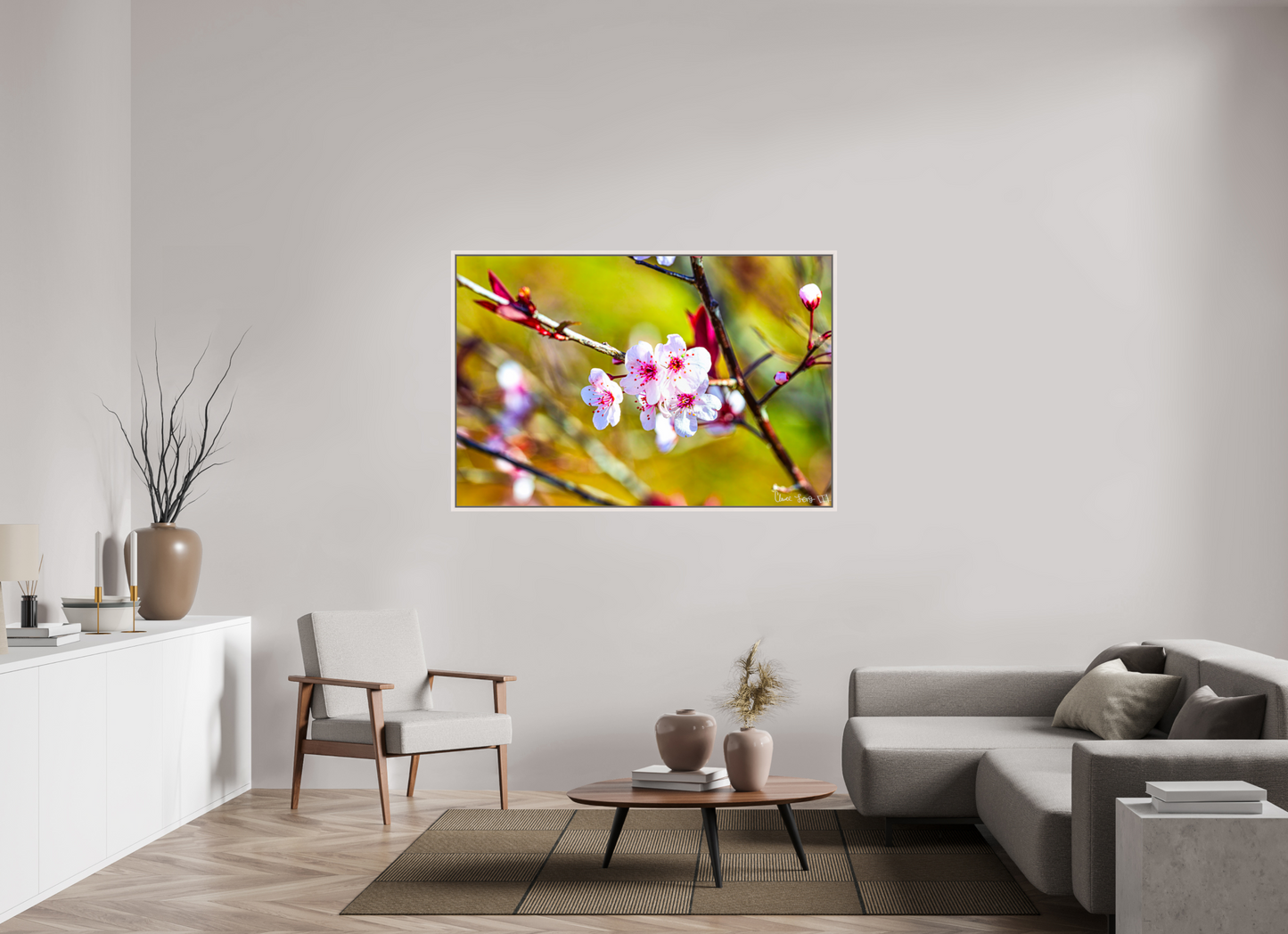 60 x 40″, Floater Frame Maple White Cherry Blossom