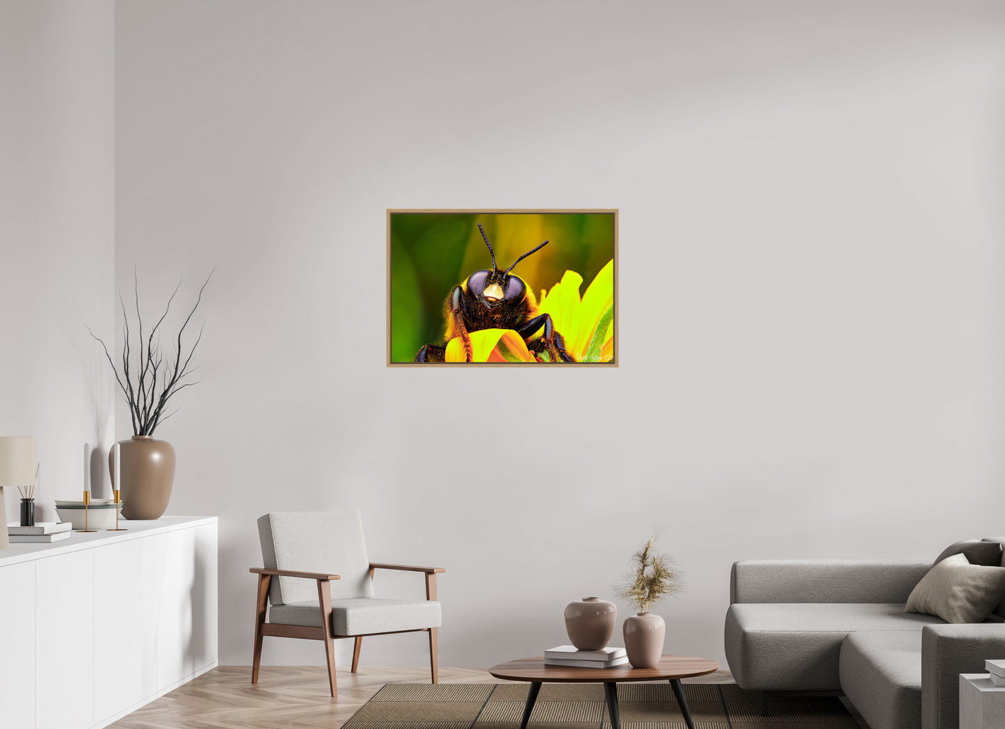 36 x 24″, Floater Frame Natural Oak The Curious Bumblebee