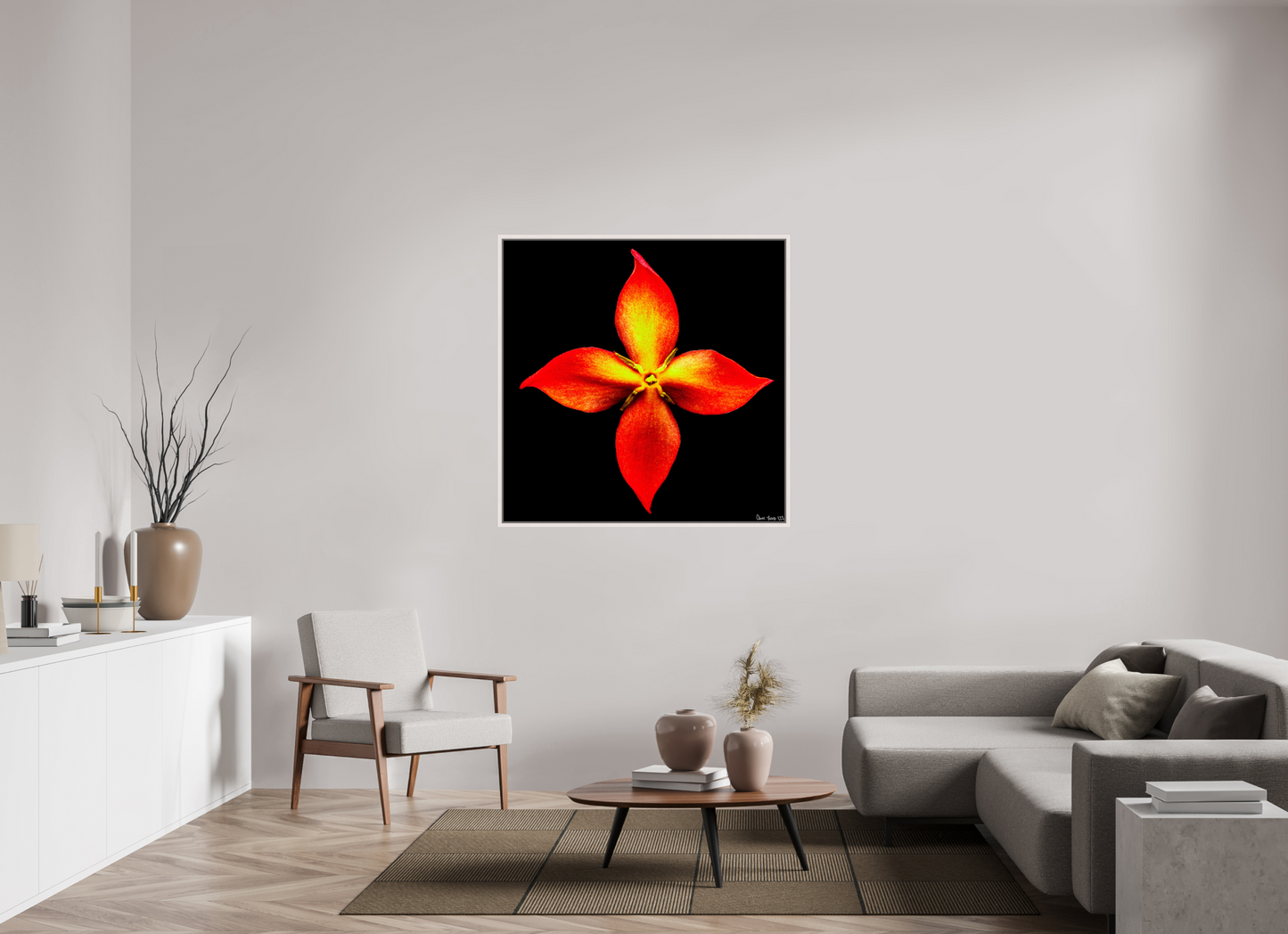45 x 45″, Floater Frame Maple White Blazing Compass