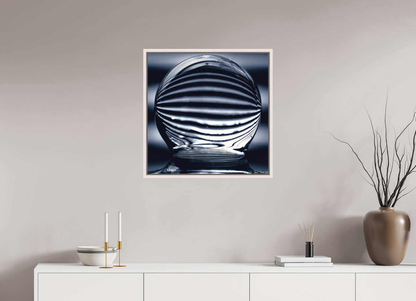 25 x 25″, Floater Frame Maple White Orb of Light