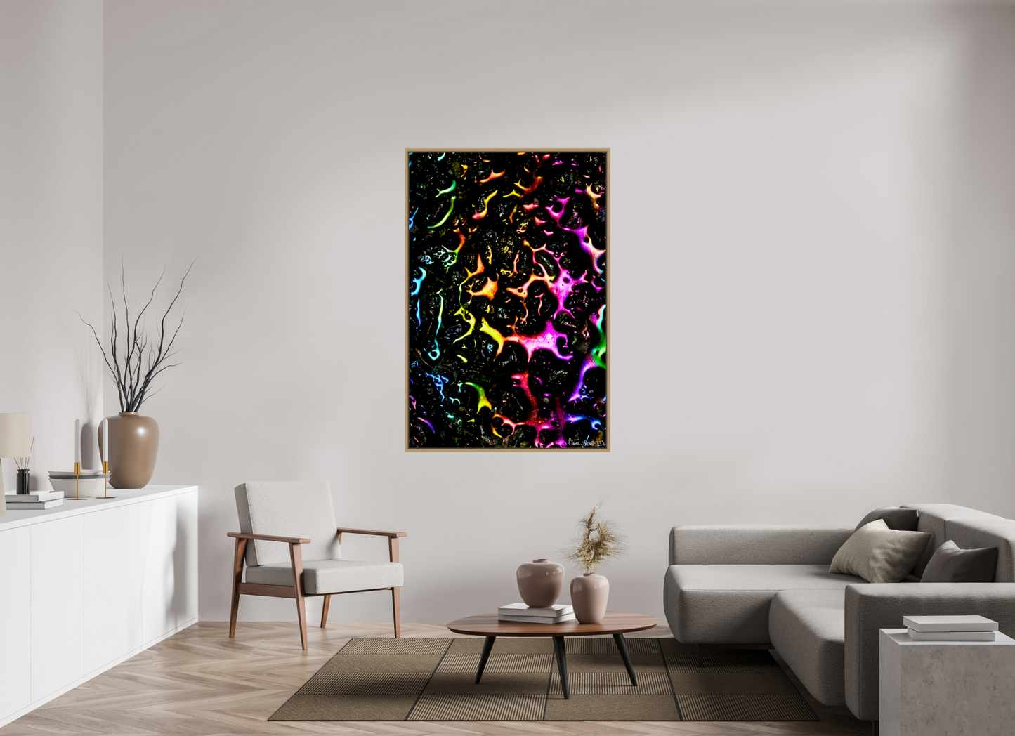 40 x 60″, Floater Frame Natural Oak Petroleum Rainbow