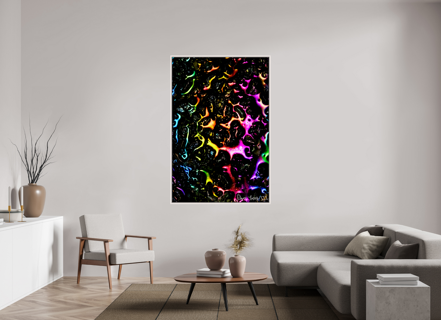 44 x 66″, Floater Frame Maple White Petroleum Rainbow