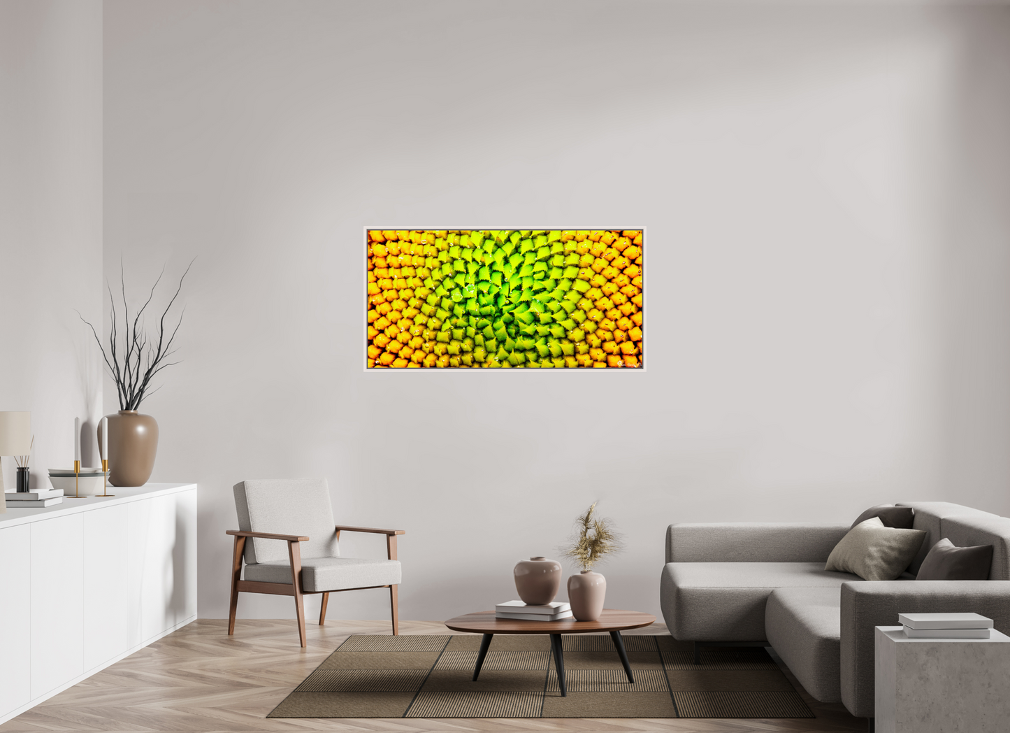 56 x 28″, Floater Frame Maple White Geometric Harmony