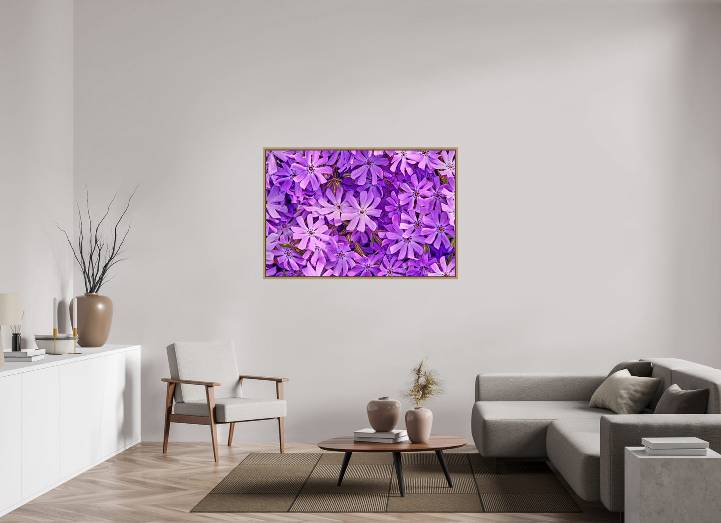 54 x 36″, Floater Frame Natural Oak Lavender Moss Phlox