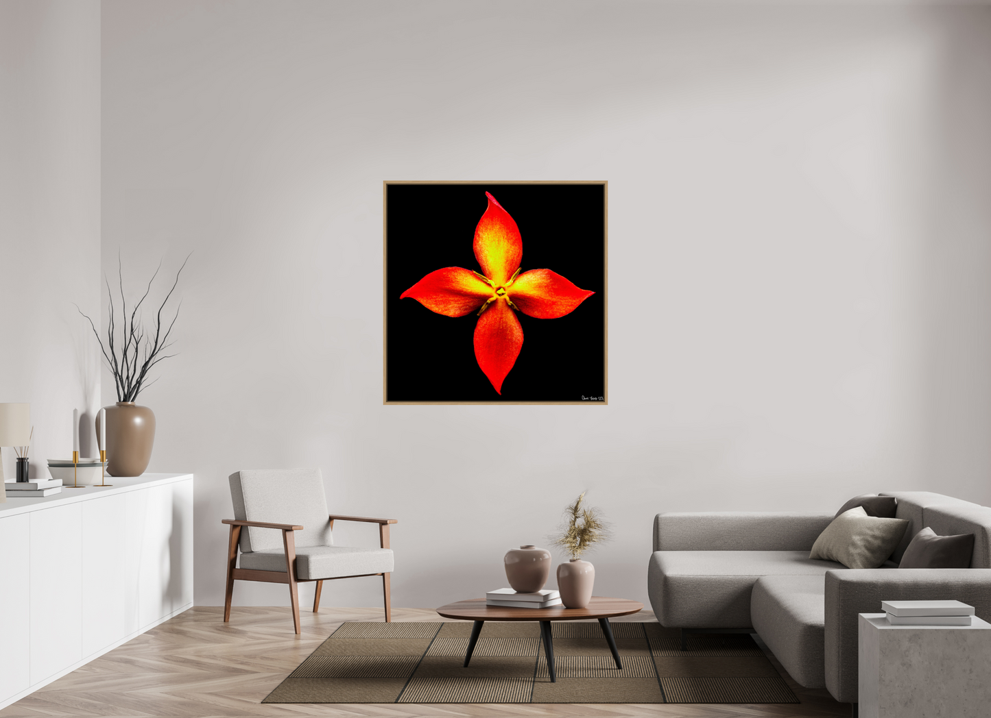 45 x 45″, Floater Frame Natural Oak Blazing Compass