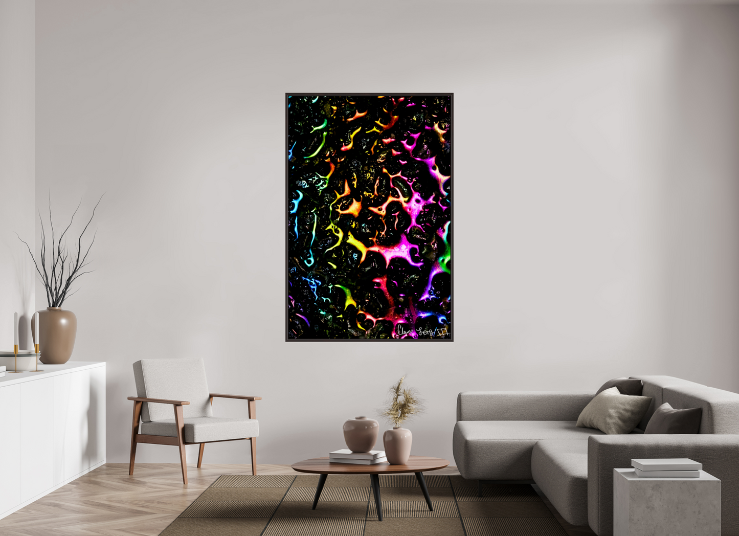 44 x 66″, Floater Frame Alder Brown Petroleum Rainbow