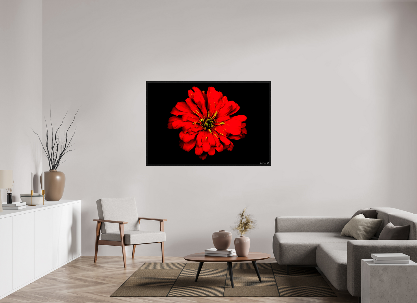 60 x 40″, Floater Frame Black Oak Zinnia of Fire