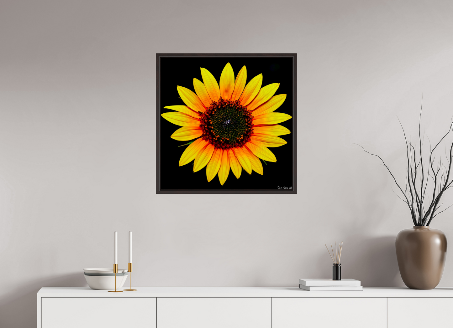 25 x 25″, Floater Frame Alder Brown Nana’s Sunflower