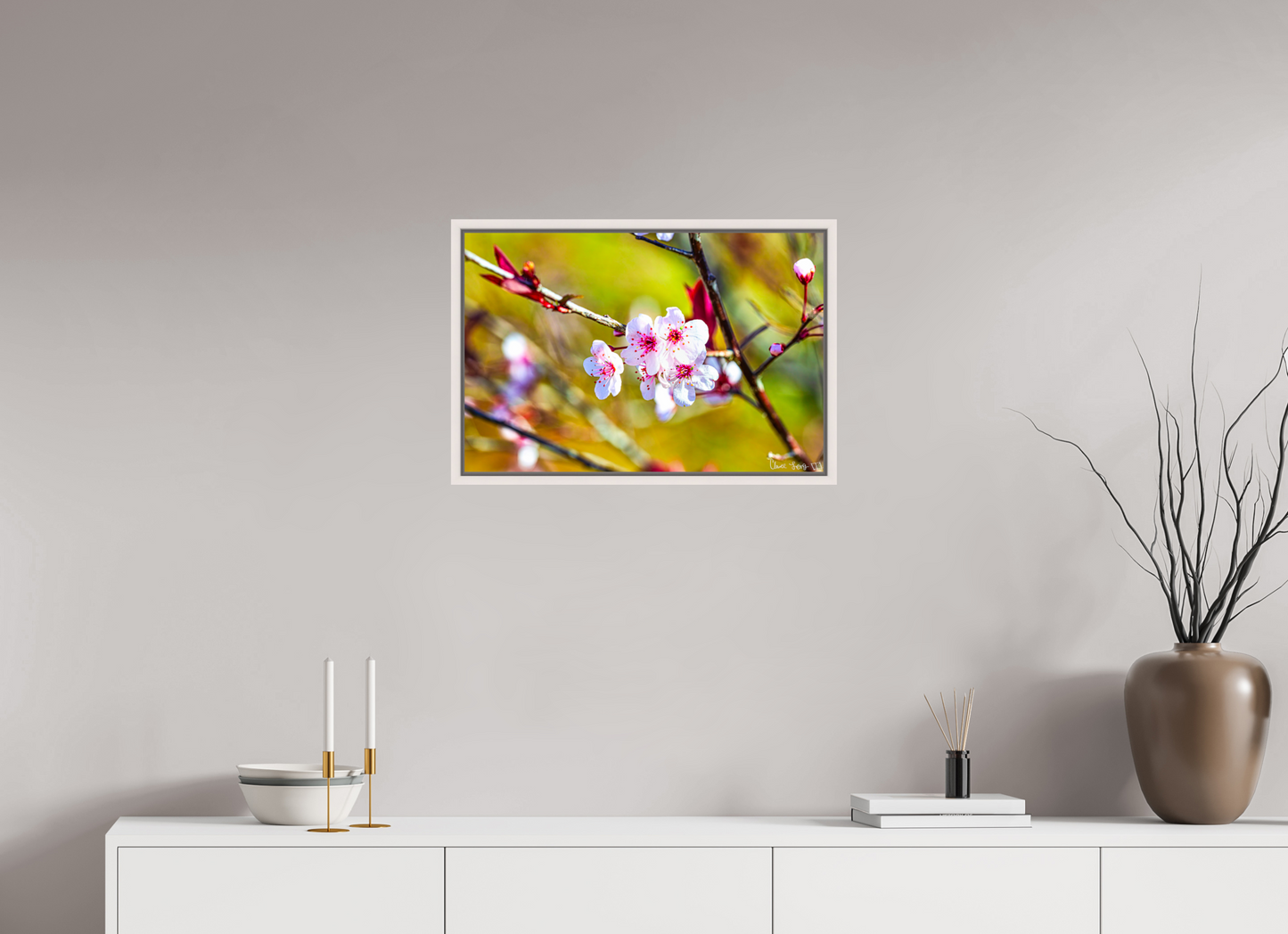 24 x 16″, Floater Frame Maple White Cherry Blossom