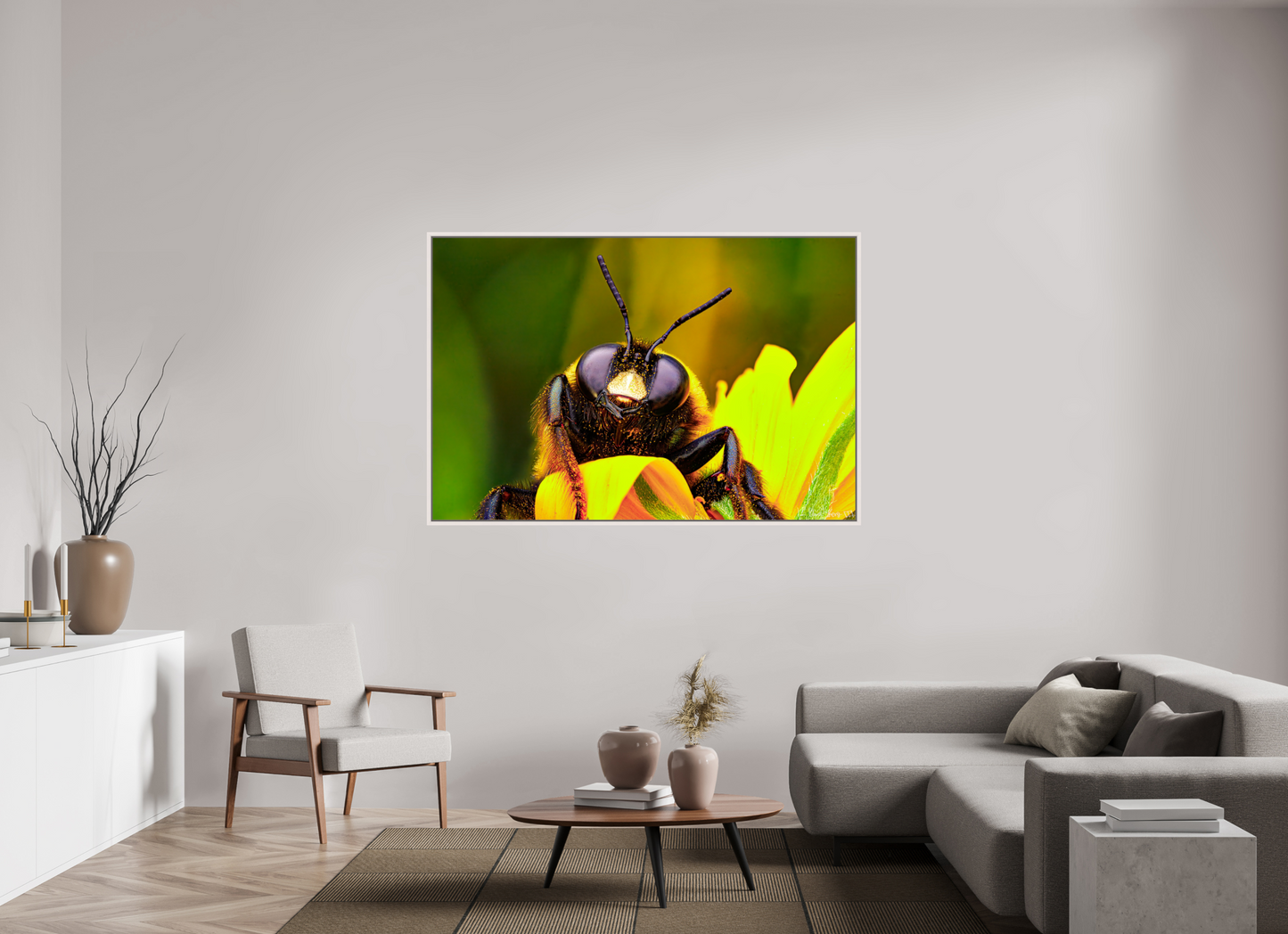 66 x 44″, Floater Frame Maple White The Curious Bumblebee