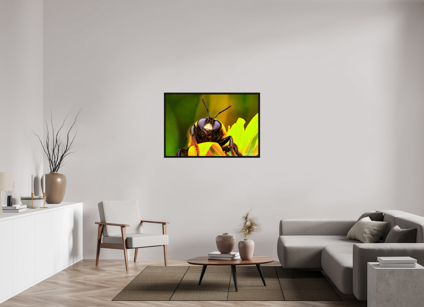 45 x 30″, Floater Frame Black Oak The Curious Bumblebee