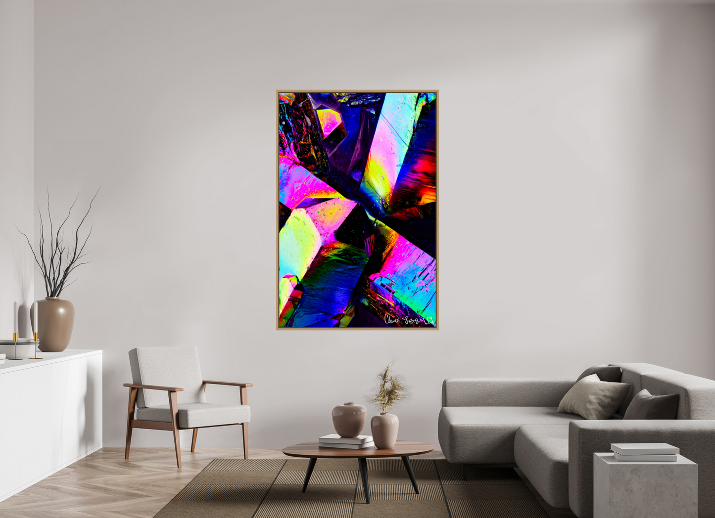 44 x 66″, Floater Frame Natural Oak Prismatic Shards