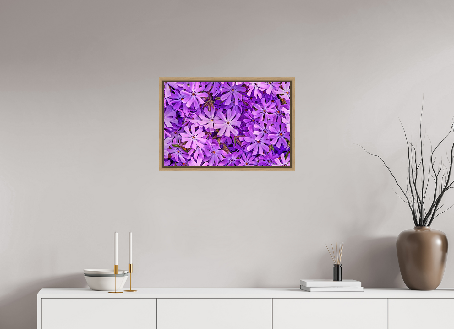 24 x 16″, Floater Frame Natural Oak Lavender Moss Phlox