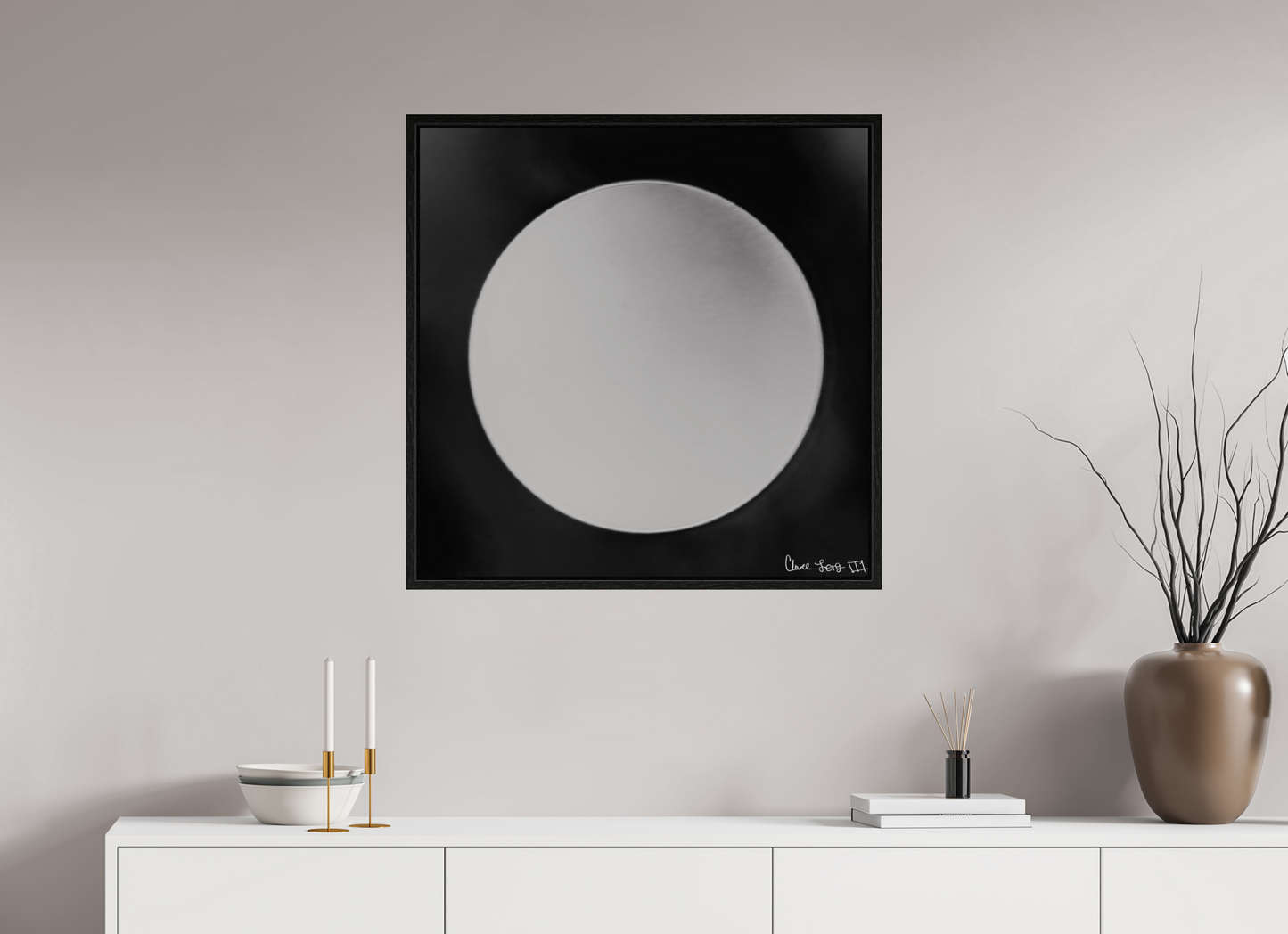 30 x 30″, Floater Frame Black Oak Lycan’s Moon