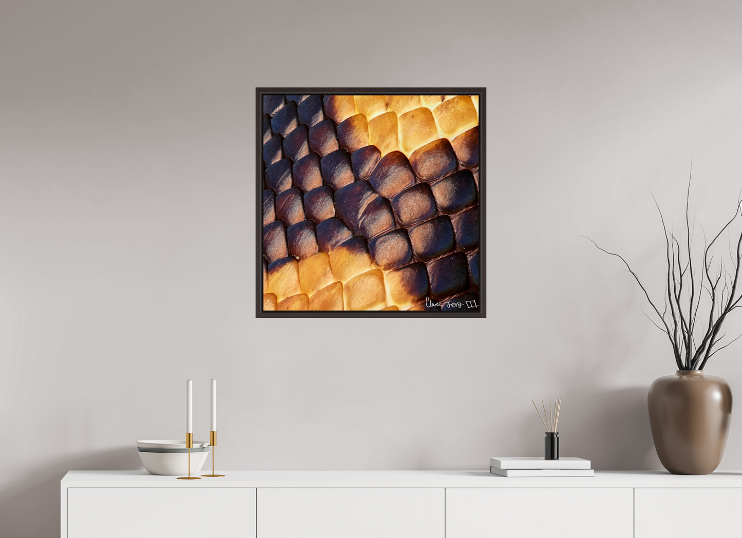 25 x 25″, Floater Frame Alder Brown Python’s Glow