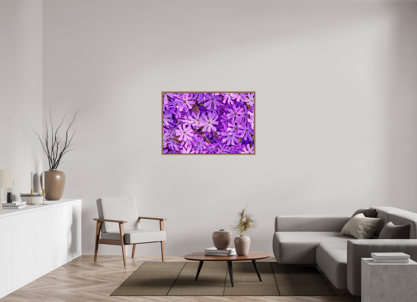 45 x 30″, Floater Frame Natural Oak Lavender Moss Phlox