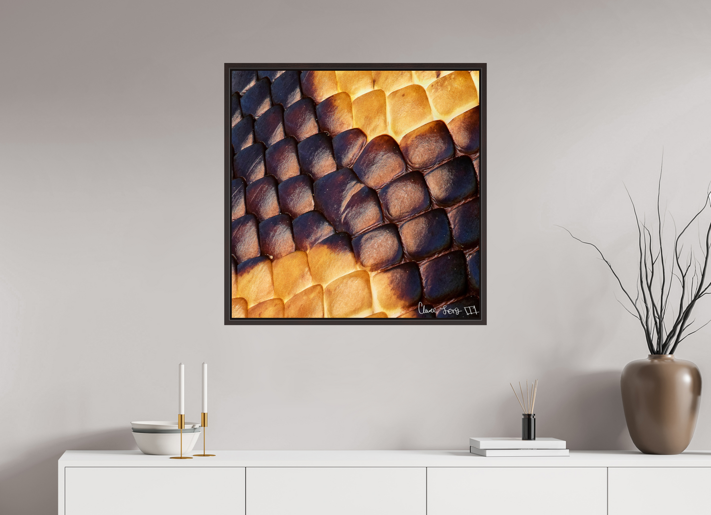 30 x 30″, Floater Frame Alder Brown Python’s Glow