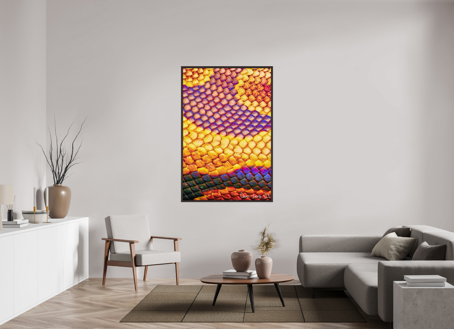 40 x 60″, Floater Frame Alder Brown Python’s Iridescence