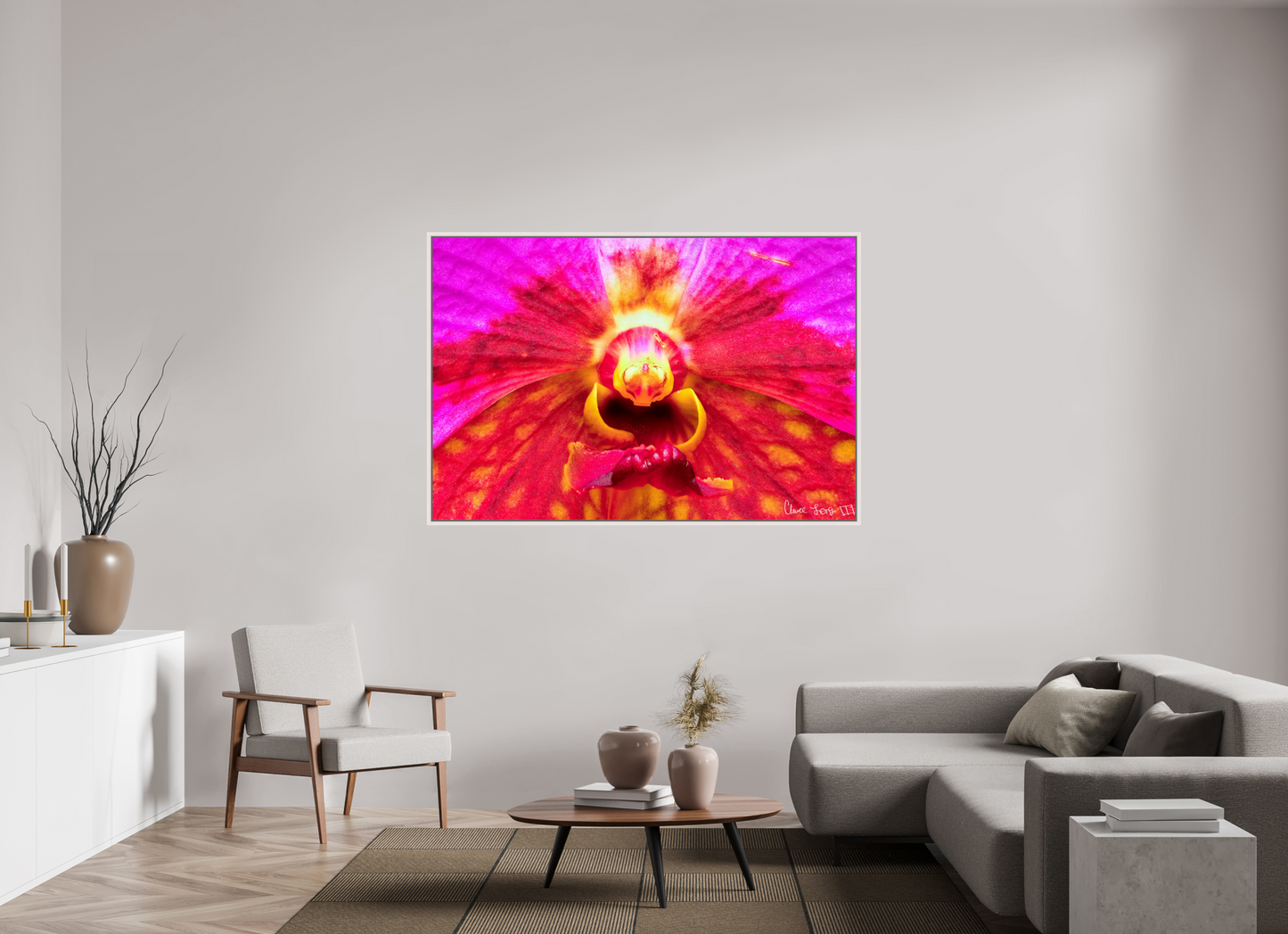 66 x 44″, Floater Frame Maple White Tie Dye Orchid