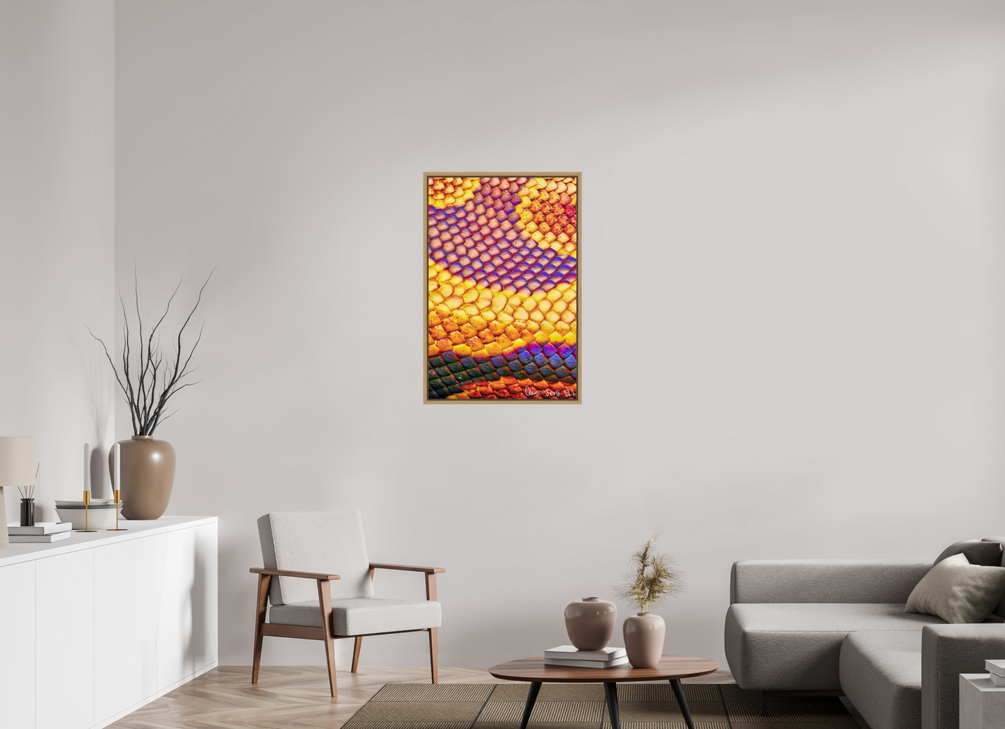 24 x 36″, Floater Frame Natural Oak Python’s Iridescence