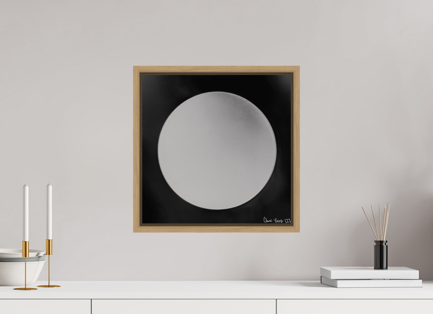 15 x 15″, Floater Frame Natural Oak Lycan’s Moon