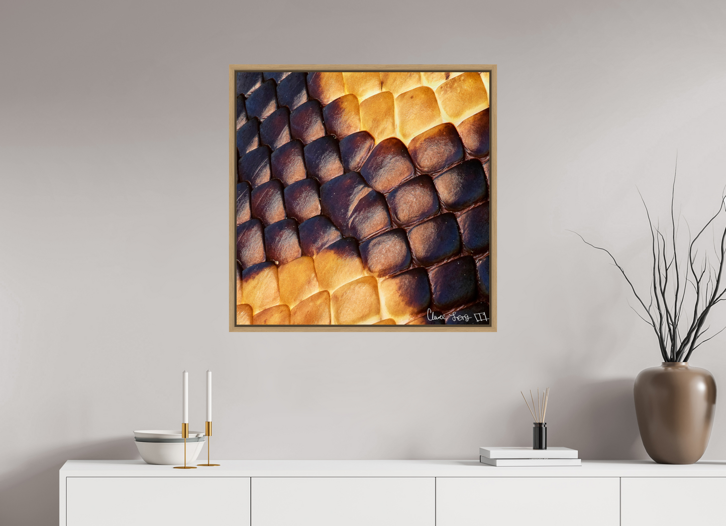 30 x 30″, Floater Frame Natural Oak Python’s Glow