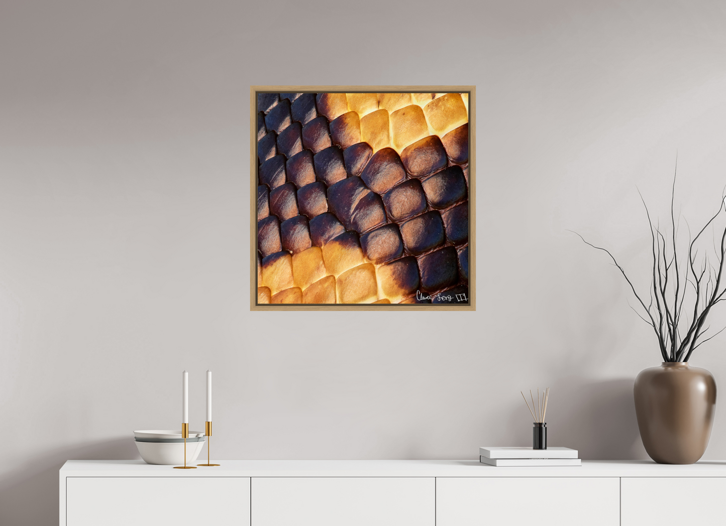 25 x 25″, Floater Frame Natural Oak Python’s Glow