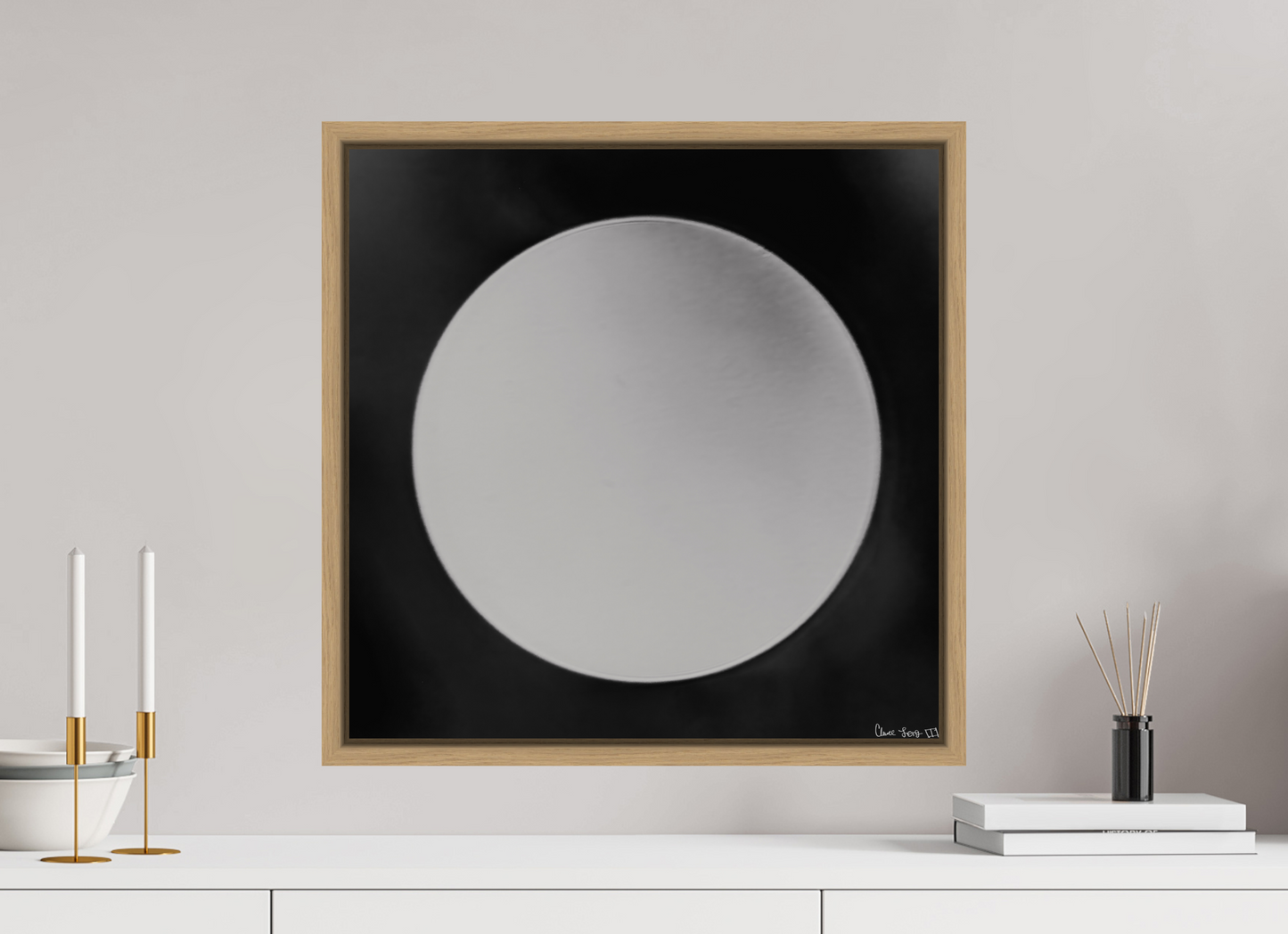 20 x 20″, Floater Frame Natural Oak Lycan’s Moon