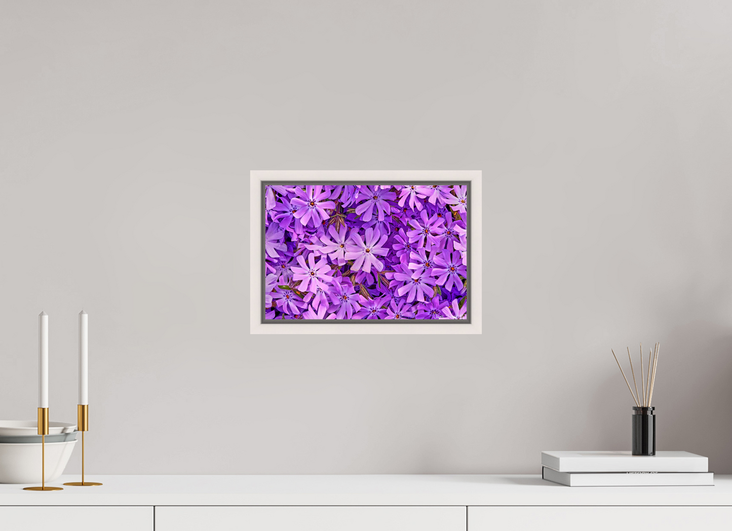 12 x 8″, Floater Frame Maple White Lavender Moss Phlox