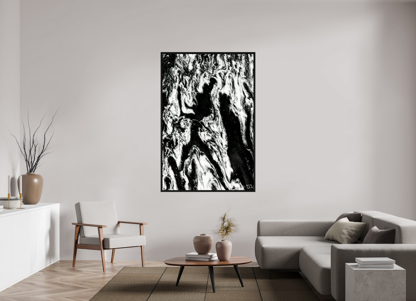44 x 66″, Floater Frame Black Oak Frolicking Shadows
