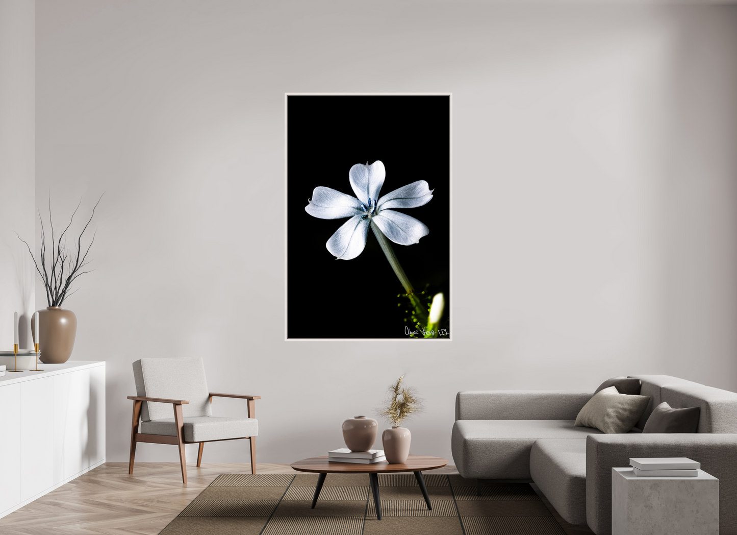 44 x 66″, Floater Frame Maple White Silver Petals