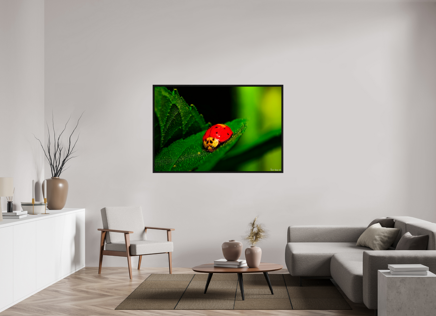 60 x 40″, Floater Frame Black Oak Our Lady Bird